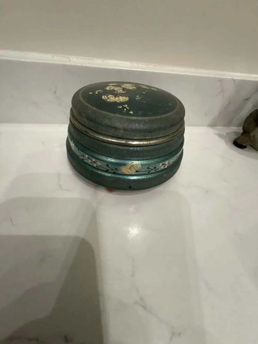 Vintage Hand-Painted Floral Metal Musical Trinket Box with Footed Base